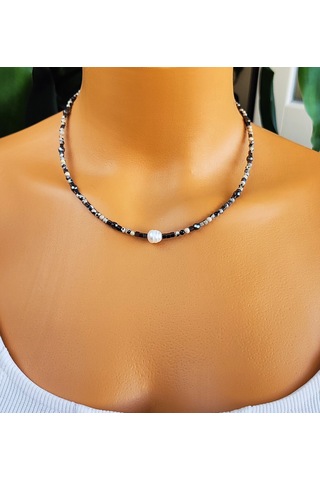 İnci Ceyt Ve Hematit Doğal Taş Kolye Nazar Koruyucu, Enerji Dengeleyici, Şık El Yapımı Kolye Çok renkli