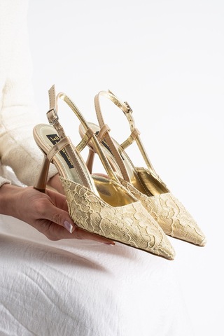Lebibe Shoes Lısa Kadıngold Sivri Burun 7 Cm Topuklu Çiçek Dantel Desenli Rugan Slingback Ayakkabı Gold