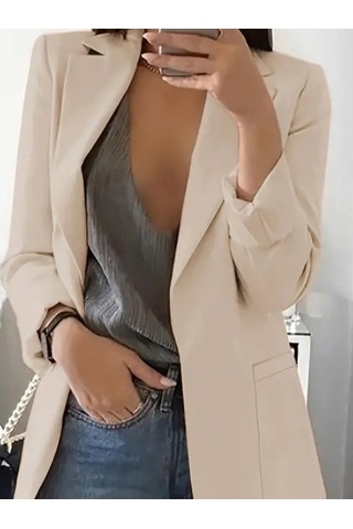 Ramımse Kadın Uzun Kollu Yakalı Düğmesiz Cepli Atlas Blazer Ceket Bej