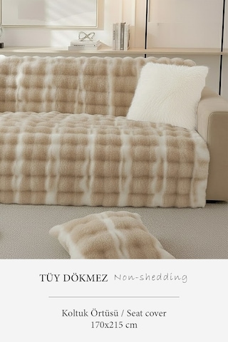 Lüks Kürklü Koltuk Örtüsü 170x215 Cm Yumuşak Peluş Kaymaz Taban Kanepe Örtüsü Kahve Krem Krem - Kahve