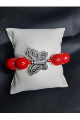 Mryart Kırmızı Cam Boncuklu Kelebek Figürlü Bileklik
