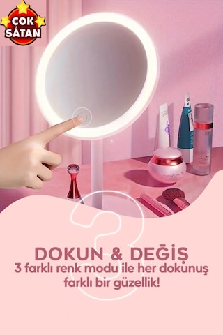 Işıklı Dokunmatik Makyaj Aynası Pembe & Beyaz 3 Kademeli Işık Ayarı 360 10669 Çok Renkli