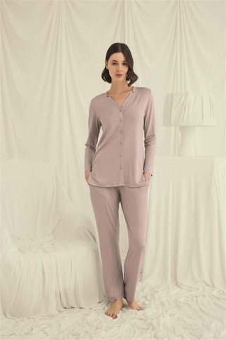 Lisinya Uzun Kollu Boydan Düğmeli V Yaka Pijama Takımı Vizon