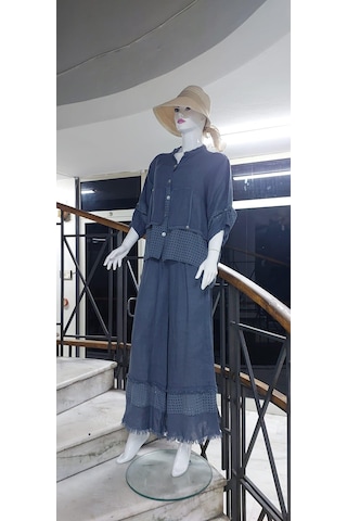 Bohem Stil İtalyan Fisto Detaylı Keten Pantolon Ceket Takım-9196 Gri