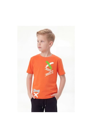Panios Kids White Yazı Baskılı Yuvarlak Yaka Kısa Kollu Erkek Çocuk Yazlık Tişört Turuncu