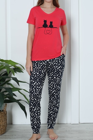 Kadın Şortlu Ve Uzun Pijama Takımı Kısa Kollu 3 Lü Set Likralı Cepli Nar