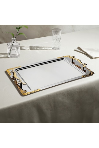 Nehir Lalezar Altın Sade Çelik Çay Tepsi