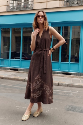 Sateen Nakışlı Kolsuz Elbise - Koyu Kahve-137492 Koyu Kahverengi