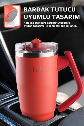 Fika Lumi Patentli Döner Kulplu Sızdırmaz Çift Ağızlıklı Çelik Termos 950 Ml Kırmızı