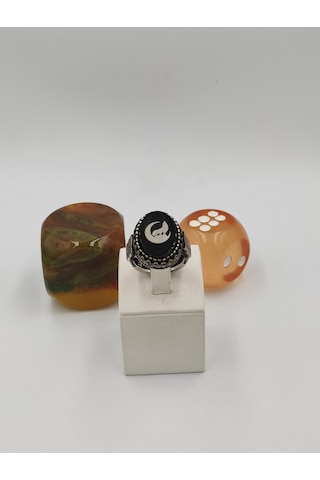 Siyah Kehribar Taşlı Hilal Bozkurt 925 Ayar 24 Mm 12,40 G. Erkek Yüzüğü Gümüş