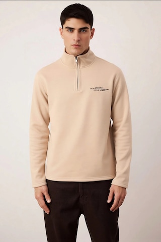 Benerly Erkek Dik Yaka Standart Kol Nakışlı Sweatshirt Fonksiyonel Dayanı Bej