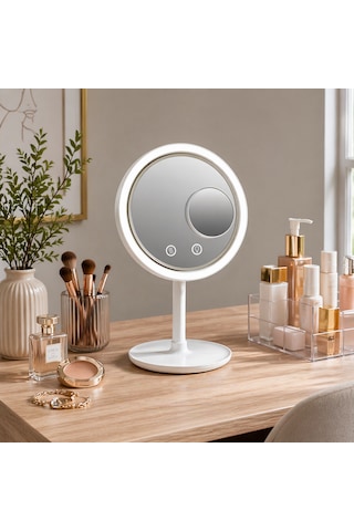 Fanlı Led Işıklı Makyaj Aynası Usb & Pilli Çalışma Dokunmatik Kontrollü 2 Kademeli Fanlı Kozmetik Ayna 34 Cm Beyaz