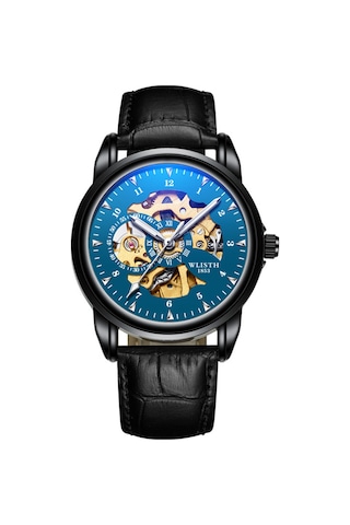 Yunboo Erkek Mekanik Saat Deri Kordon Su Geçirmez Gece Işıklı Erkek Öğrenci Kol Saati Siyah Kasa Mavi Ekran Altın