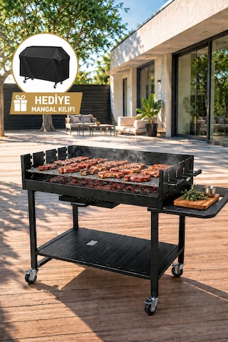 Pro Lüks Dev Kömürlü Mangal Barbekü Arabası Hediye Koruyucu Örtü 137 X 68 X 94 Cm Siyah