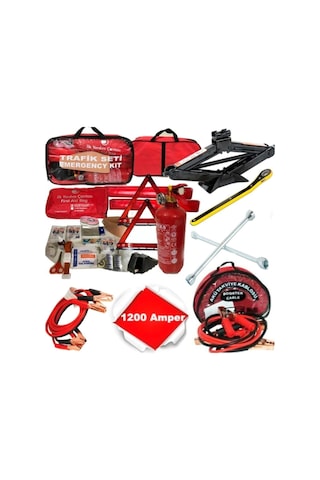 Beşli Ürün Tüvtürk Uyumlu Trafik Seti + Çantalı Akü Takviye Kablosu + Kriko + Bijon Anahtarı + Eldiven