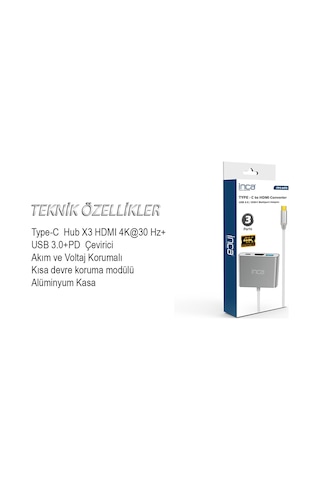 Inca Itpc-04tx Type-c Hub Hdmı 4k 30hz Usb3.0+pd100w Akım Ve Voltaj Korumalı Alüminyum Çoklayıcı