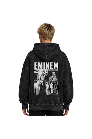 Sevbano Eminem Rapper Şarkıcı Baskılı Unisex Oversize Yıkamalı Hoodie Swe Siyah