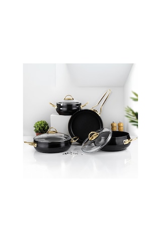 Lines L-5094 Yonca Güveç 7 Parça Tencere Seti - Siyah Altın Kulp