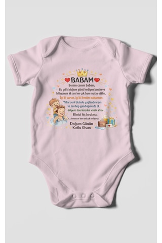 Morivokids Babam Doğum Günün Kutlu Olsun Kısa Kollu Bebek Body %100 Pamuk Bebe Pembe
