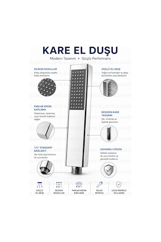 Kare El Duşu Başlığı Krom Paslanmaz Güçlü Su Akışlı Silikon Nozullu 1/2'' Universal Bağlantı Çok Renkli