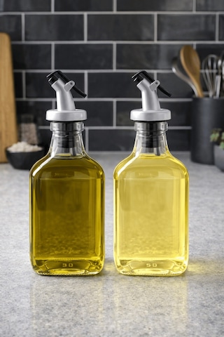 2'li Şeffaf Cam Yassı Yağdanlık - Sızdırmaz Tıpalı 200ml. Sirkelik Sosluk Şeffaf - Gümüş