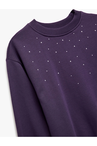 Koton Taş Detaylı Uzun Kollu Bisiklet Yaka Şardonlu Pamuklu Sweatshirt Mor 6wkg10084ak