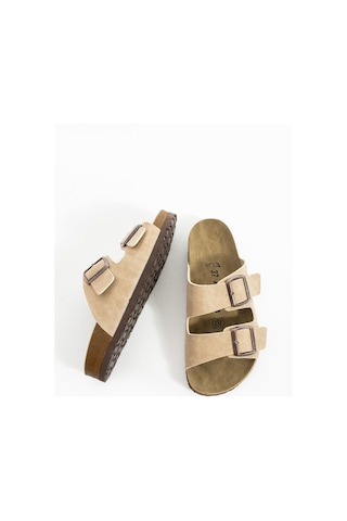 Polomia Comfort Mikanos Aryan Unisex Ortapedik Eva Taban Comfort Çift Bantlı Tokalı Günlük Rahat Sandalet Terlik Bej