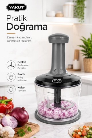 Üstten Basmalı Manuel Doğrayıcı Rondo Sebze Meyve Soğan Sarımsak Pratik Mutfak Doğrayıcı Gri