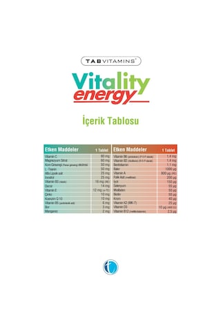 Tabvitamins Vitality Energy 30 Tablet X 3 Adet