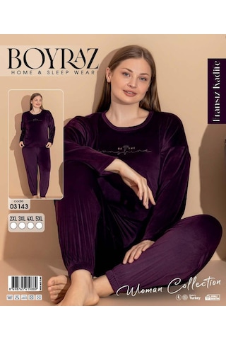Boyraz Kadın Kışlık Fransız Kadife Büyük Beden Bisiklet Yaka Uzun Kol Pijama Takımı 03143 - 1 Adet Mor