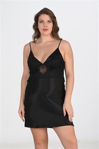 Modenya Premium Büyük Beden Saten Dantel İşlemeli Siyah 2'li Gecelik Sabahlık Takımı Bigsize 2xl