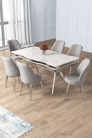 Canisa Prah Serisi 90x160 Lak Panel Beyaz Mermer Desen Krom Ayak Masa Takımı 6 Gri Sandalye Beyaz Mermer Desen Masa Sandalyeler Gri