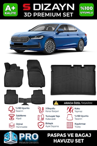 S-dizayn Skoda Superb 3d Pro Havuzlu Paspas Ve Bagaj Havuzu Seti 2'li Set 2024 Üzeri A+ Kalite