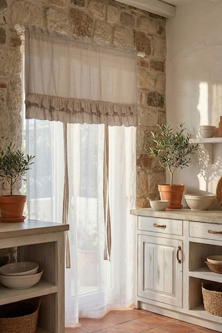 Country Style Potlu Perde Çift Fırfırlı Kapuçino
