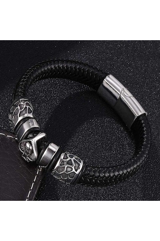 Punk Maça Kafatası Takı Erkek Bileklik Charm Paslanmaz Çelik Bilezikler Siyah Geniş Örgülü Erkek Deri Bileklikler Siyah