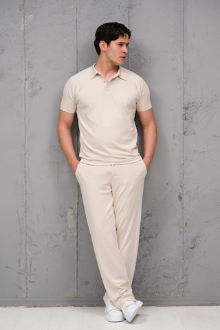 Mass Plus Regular Fit Likralı Kendinden Çizgili Yarım Baggy Pantolonlu T-shirt Takım Krem