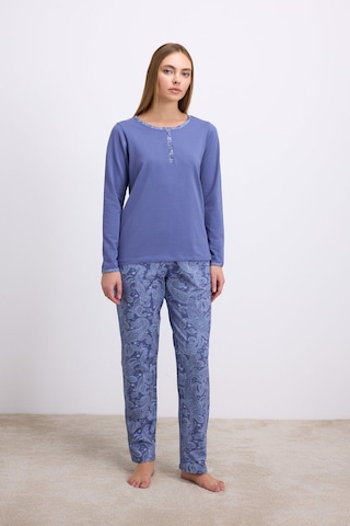 Man11566-1085 Anil Ev Giyim Anıl Kadın Uzun Kollu T-shirt Ve Desenli Pantolon Pijama Takımı 11566 Mavi