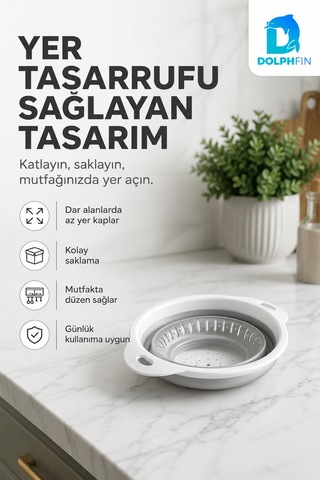 Katlanır Yuvarlak Süzgeç Mutfak Pratik Kullanım Gereci Beyaz - Gri