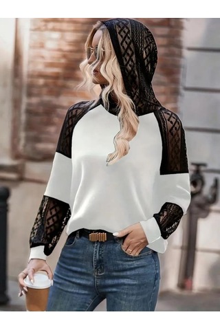 Kadın Uzun Kollu Dantelli Kapşonlu Viskon Iki Iplik Bluz Beyaz