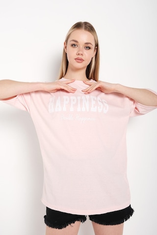 Flood Of Style Kadın Pudra Pembe Happıness Baskılı Oversize Tshirt