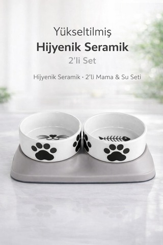 Premium Yükseltilmiş İkili Seramik Kedi Mama Ve Su Kabı