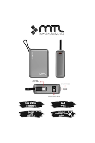 20000 Mah 22.5w Süper Hızlı Şarj Dahili Kablolu Led Göstergeli Pd Ve Qc 3.0 Powerbank Mt4550 Gri
