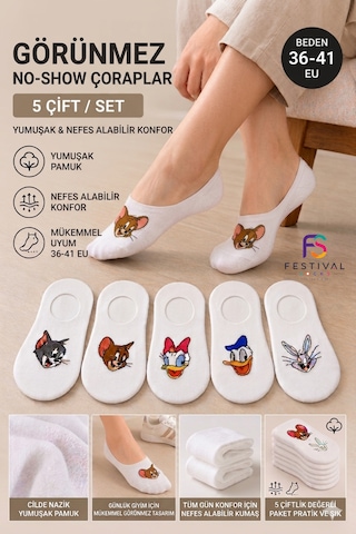 Festival Socks 5 Çift Kadın Görünmez Çorap Pamuklu No Show Babet Çorap Kaymaz Günlük Sneaker Çorabı 36-41 Beyaz