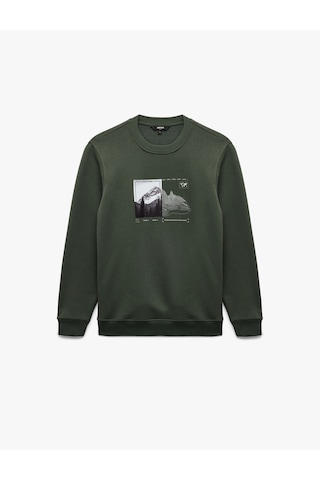 Koton Uzun Kollu Şardonlu Bisiklet Yaka Baskılı Sweatshirt Haki 6wam70161mk Haki
