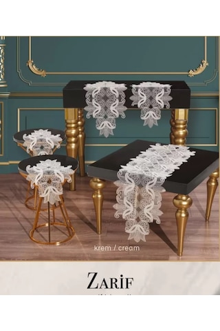 Salon Takımı 5 Parça Dantelli Masa Örtüsü Runner Seti Çeyizlik Zarif Model No 96801 Krem Çok Renkli