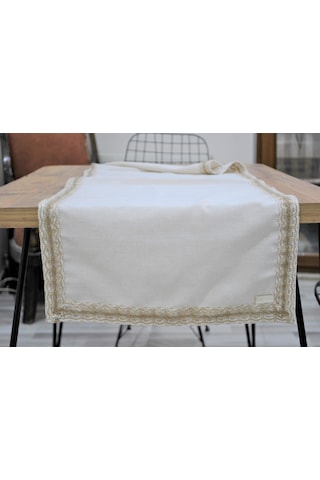 Dnc Home Tekstil Ndchome Özel Tasarım Organik Keten Krem Kum Rengi Dantelli Runner Masa Örtüsü 45 X 150 Krem