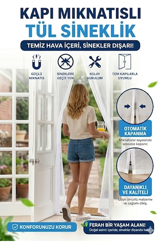 Mıknatıslı Tül Sineklik 105x205 Cm Kendiliğinden Açılıp Kapanan Kapı Sinekliği Kolay Montaj W105 X H210cm