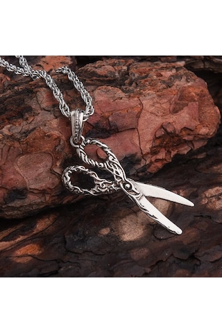 Desenli Makas Berber Terzi Erkek Kolye Çelik Takı Aksesuar K24 T5