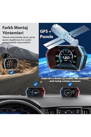 Ayrex Ally P17 Hud Obd2 & Gps Çift Sistemli Araç Bilgisayarı / Dijital Kilometre, Su Ve Yağ Sıcaklığı Ölçer, H
