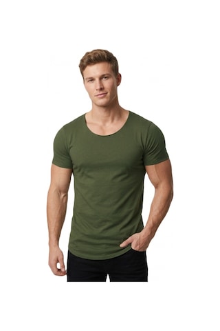 Deepsea Erkek Haki Geniş Yaka Likralı Tişört Oval Yaka Slim Fit Eteği Oval Açık Yaka T-shirt 1801199 Haki